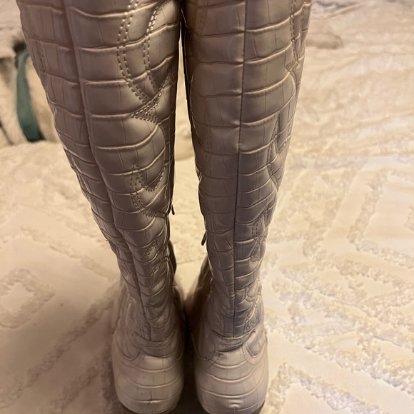 Cream Croc-Embossed Knee-High Boots - Picture 9 of 11